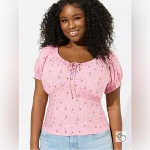Torrid Womens Pink Challis Puff Short Sleeve Crop Top